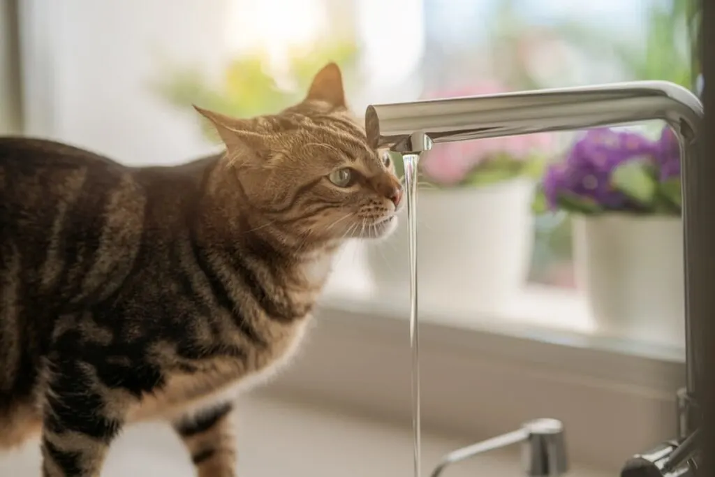 Bengal cat drinking water from sink