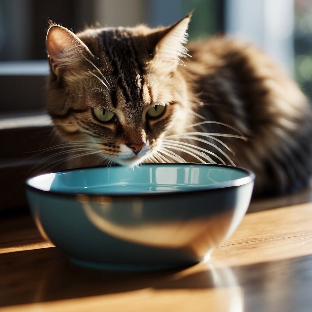 cat drinking water from a bowl